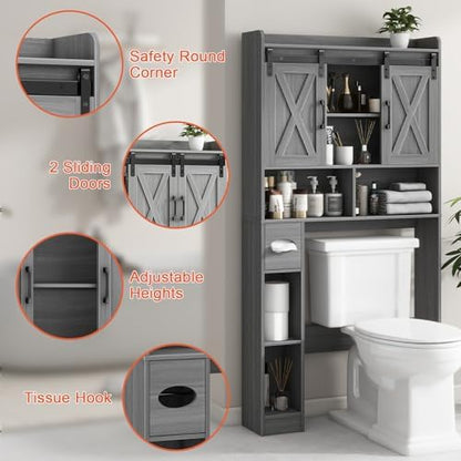 Vabches Over The Toilet Storage Cabinet with Sliding Doors, Wash Grey