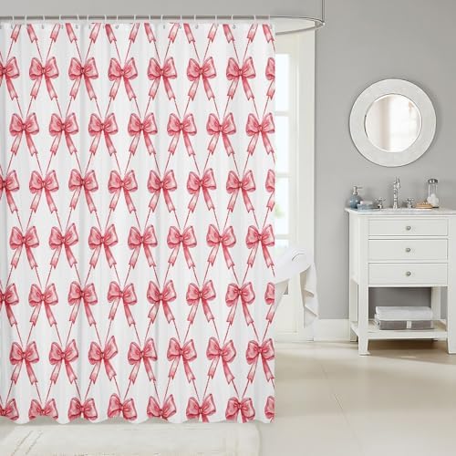 jejeloiu Red Bow Shower Curtain 72"x78" Cute Bowknot Bath Curtain Boys Girls Bow and Stripes Bathroom Shower Curtain Set for Kids Women Men Kawaii Kids Bathroom Accessories