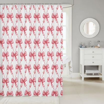 jejeloiu Red Bow Shower Curtain 72"x78" Cute Bowknot Bath Curtain Boys Girls Bow and Stripes Bathroom Shower Curtain Set for Kids Women Men Kawaii Kids Bathroom Accessories