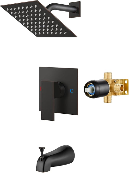 Airuida 6 Inch Shower Faucet Set,Bathtub Faucet Kit,Oil Rubbed Bronze | Shower Tub Faucet Set,Male Threads Rough-In Valve,Square Head Shower System