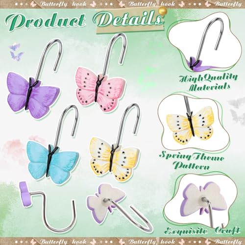 Thyle 12 Pcs Butterfly Shower Curtain Hooks Spring Colorful Resin Ornament Rings Butterfly Shower Curtain Hooks for Bathroom Bedroom Accessories