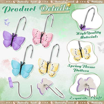 Thyle 12 Pcs Butterfly Shower Curtain Hooks Spring Colorful Resin Ornament Rings Butterfly Shower Curtain Hooks for Bathroom Bedroom Accessories