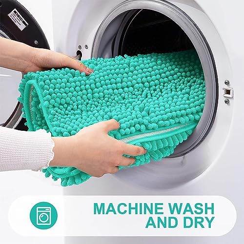 Grandaily Chenille Striped Bathroom Rugs 59x20, Extra Thick and Absorbent Bath Mats, Non-Slip Soft Plush Shaggy Shower Carpet, Machine Wash Dry, Bath Rug for Bathroom, Teal