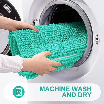 Grandaily Chenille Striped Bathroom Rugs 47x32, Extra Thick and Absorbent Bath Mats, Non-Slip Soft Plush Shaggy Shower Carpet, Machine Wash Dry, Bath Rug for Bathroom, Teal
