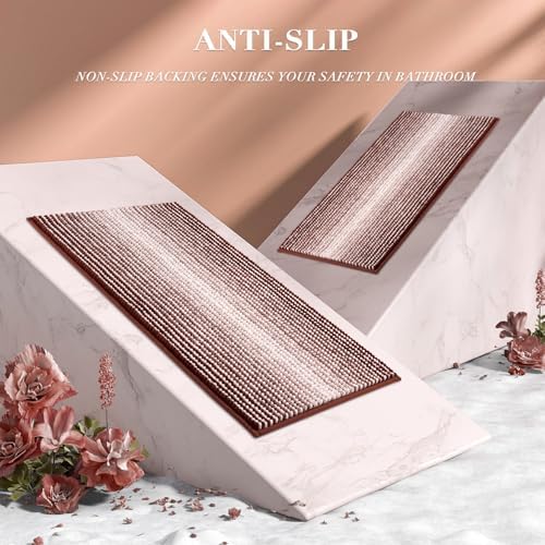 BSICPRO Bathroom Rugs Sets 2 Piece, Non Slip Striped Bath Mat, Burgundy Red