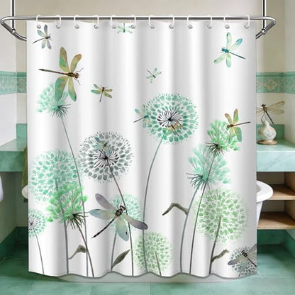 Mint Green Dandelion Shower Curtain Spring Dragonfly Teal White Watercolor Shower Curtains for Bathroom Decor, Waterproof Cloth Fabric with Hooks 70" Wx72 L