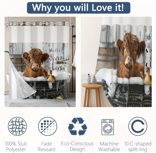 No Hook Highland Cow Shower Curtain and Liner Set 71x74 Inch