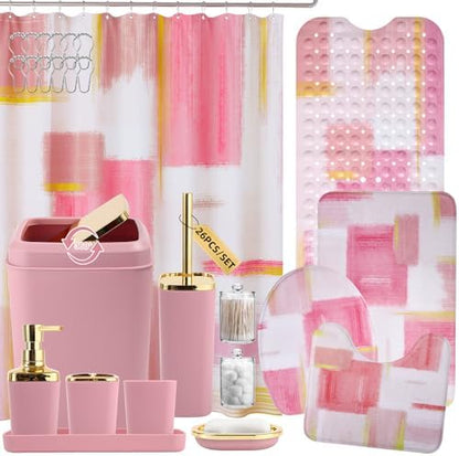 XLHOMO Bathroom Accessories Set - 26PCS Pink Bathroom Set, Bathroom Accessory Set with Shower Curtain and Rugs and Bathtub Mats for Home