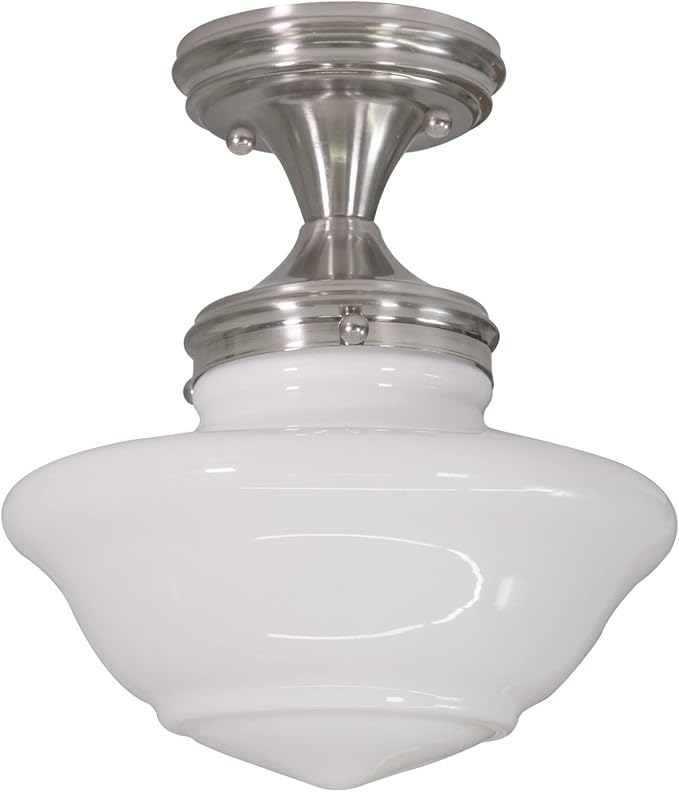 Design House Vintage-Inspired Schoolhouse Semi-Flush Mount Ceiling Light, 9 in x 9 in x 10 in, Satin Nickel, White Glass Shade, 577494