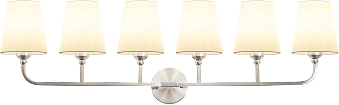 Bathroom Vanity Light Brushed Nickel Bathroom Lighting Fixtures Over Mirror | 6-Light Bathroom Light Fixtures with Flared White Fabric Shade, E26 Socket (ETL Listed)