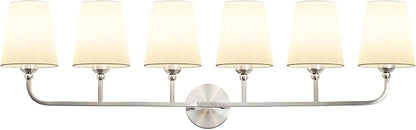 Bathroom Vanity Light Brushed Nickel Bathroom Lighting Fixtures Over Mirror | 6-Light Bathroom Light Fixtures with Flared White Fabric Shade, E26 Socket (ETL Listed)