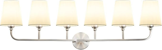 Bathroom Vanity Light Brushed Nickel Bathroom Lighting Fixtures Over Mirror | 6-Light Bathroom Light Fixtures with Flared White Fabric Shade, E26 Socket (ETL Listed)
