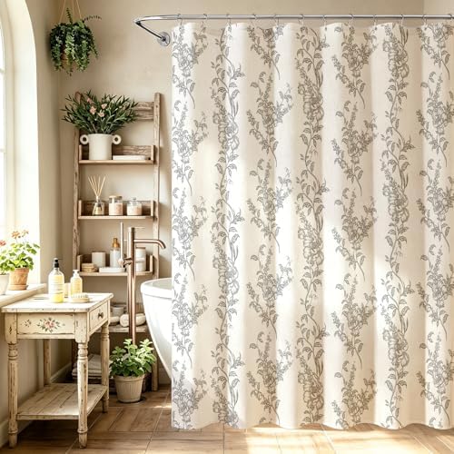 Grey Linen Farmhouse Shower Curtain, Boho Floral Bathroom 36x72