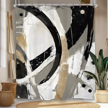 Abstract Modern Neutral Shower Curtain 60Wx72L Inch Minimalist Contemporary Art Aesthetic Bathroom Set Accessories Decor with 12 Pack Hooks