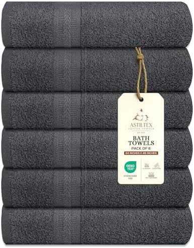 Bath Towels Pack of 6 – 24" x 48" – 100% Cotton Terry, Soft, Quick-Dry & Highly Absorbent – Charcoal Grey Towels for Bathroom, Spa, Gym, Hotel, Pool & Everyday Use