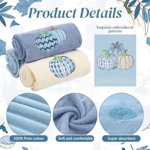 FuWeave 3 Pcs Blue White Fall Pumpkin Hand Towels for Bathroom