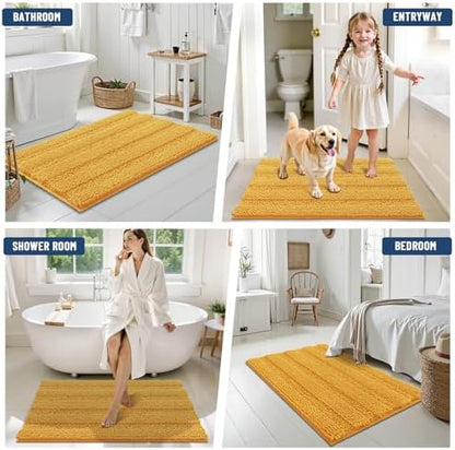 Grandaily Chenille Striped Bathroom Rugs 24x16, Extra Thick and Soft Absorbent Bath Mats, Rubber Backing, Plush Shaggy Shower Carpet, Machine Wash Dry, Bath Rug for Bathroom, Golden Yellow