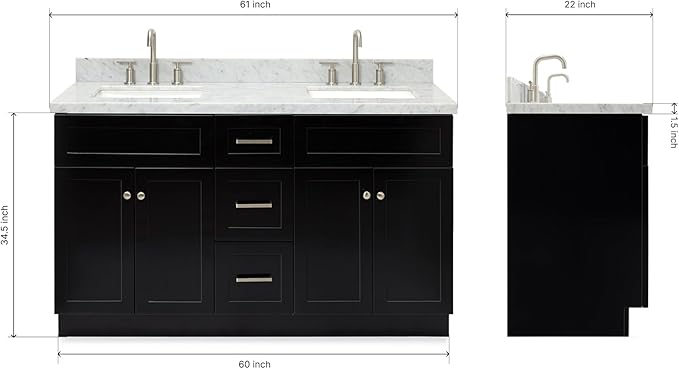 ARIEL Hamlet 60-inch Bathroom Vanity with Sink,Solid Wood, 1.5-inch Italian Carrara Marble Countertop, Double Rectangular Porcelain Sink, 4 Soft Closing Doors, 3 Dovetail Drawers, Black