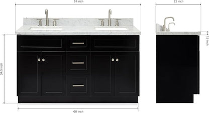ARIEL Hamlet 60-inch Bathroom Vanity with Sink,Solid Wood, 1.5-inch Italian Carrara Marble Countertop, Double Rectangular Porcelain Sink, 4 Soft Closing Doors, 3 Dovetail Drawers, Black