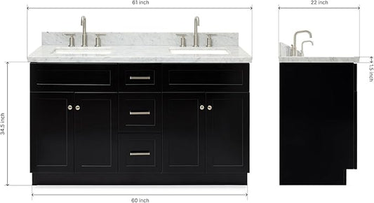 ARIEL Hamlet 60-inch Bathroom Vanity with Sink,Solid Wood, 1.5-inch Italian Carrara Marble Countertop, Double Rectangular Porcelain Sink, 4 Soft Closing Doors, 3 Dovetail Drawers, Black