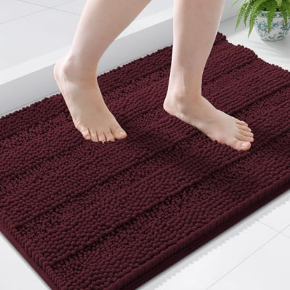 Grandaily Chenille Striped Bathroom Rugs 36x24, Extra Thick and Soft Absorbent Bath Mats, Rubber Backing, Plush Shaggy Shower Carpet, Machine Wash Dry, Bath Rug for Bathroom, Black Cherry