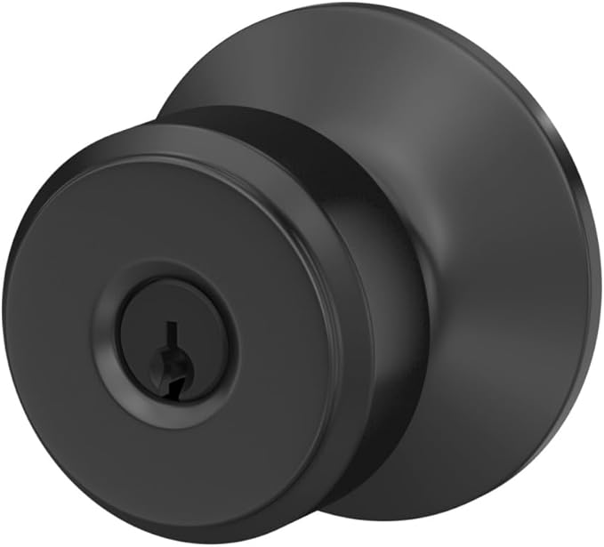Schlage F51A BWE 622 Bowery Door Knob, Keyed Entry Lock, Matte Black
