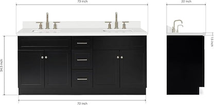 ARIEL Hamlet 72-inch Bathroom Vanity with Sink,Solid Wood, 1.5-inch Pure White Quartz Countertop & Backsplash, Double Rectangular Porcelain Sink, 4 Soft Closing Doors, 3 Dovetail Drawers, Black