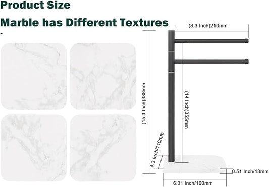 Hand Towel Holder, F-Shape Hand Towel Stand with Marble Base, Stainless Steel Swivel Hand Towel Rack Bar Standing for Bathroom Kitchen Countertop, 2 Arms (Matte Black)