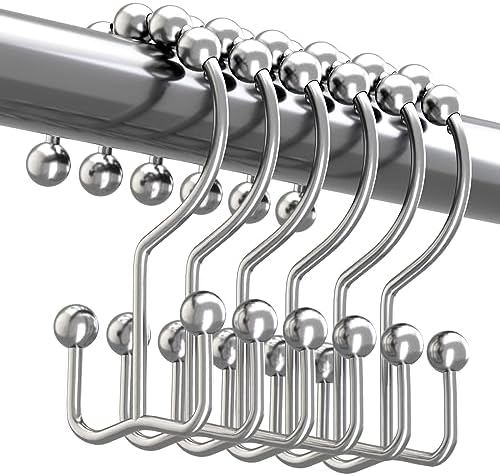 Titanker Double Shower Curtain Hooks, Rust Proof Shower Curtain Rings, Metal Shower Hooks for Bathroom Shower Rods Curtains, Set of 12 Hooks - Chrome