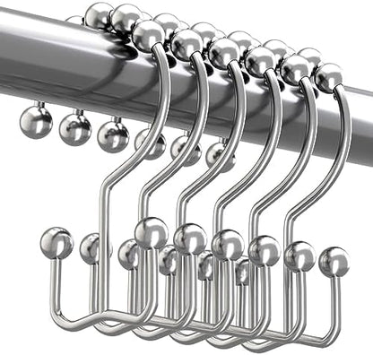 Titanker Double Shower Curtain Hooks, Rust Proof Shower Curtain Rings, Metal Shower Hooks for Bathroom Shower Rods Curtains, Set of 12 Hooks - Chrome