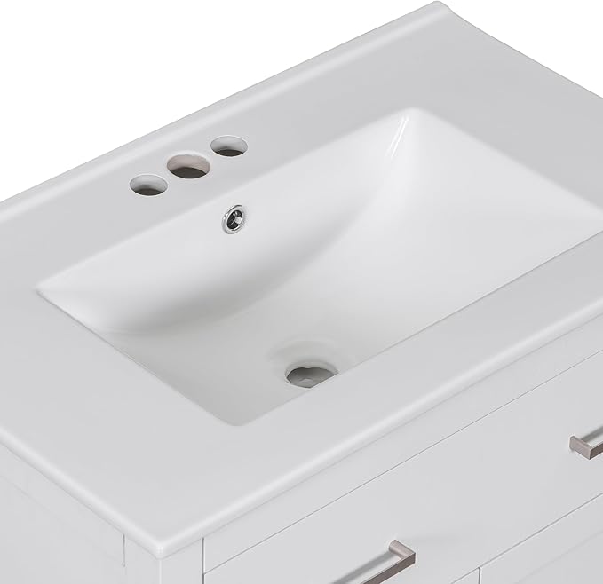 Favfurish 30" Bathroom Vanity with Ceramic Sink,Undermount Single Basin Bath Vanity Set w/1 Flip-Out Drawer and 2 Soft-Close Doors,Modern Solid Wood Storage Cabinet w/Adjustable Shelf,White