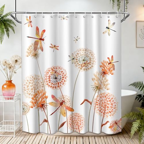 Orange Dandelion Shower Curtain Spring Dragonfly White Watercolor Shower Curtains for Bathroom Decor, Waterproof Cloth Fabric with Hooks 70" Wx72 L