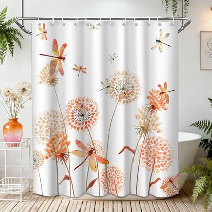 Orange Dandelion Shower Curtain Spring Dragonfly White Watercolor Shower Curtains for Bathroom Decor, Waterproof Cloth Fabric with Hooks 70" Wx72 L