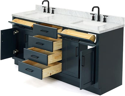 ARIEL Hepburn 72-inch Bathroom Vanity with Sink,Solid Wood, 1.5-inch Italian Carrara Marble Countertop, Double Rectangular Porcelain Sink, 4 Soft Closing Doors, 6 Dovetail Drawers, Midnight Blue
