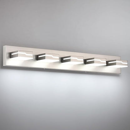 LED Modern Bathroom Vanity Light Fixtures 5-Light, 32 inch Dimmable Nickel Vanity Lights for Bathroom Lighting Fixtures Over Mirror, with 350°Rotatable Acrylic Heads(White Light 5500K)
