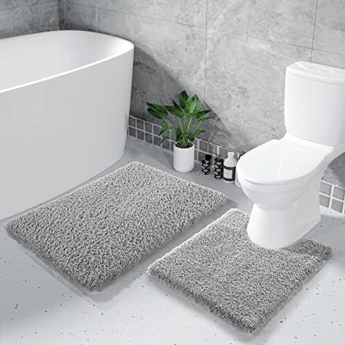 Yimobra U Shaped Toilet Bath Rug, Fluffy Plush, Super Shaggy Soft Non Slip, Water Absorbent Microfiber Bath Mat, Dries Quickly, Machine Washable Thick Bathroom Rugs, 20"x 24", Pure Gray