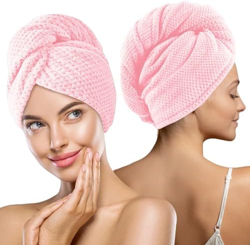 MaopaoBeauty Microfiber Hair Towel, 2 Packs Hair Turbans for Wet Hair, Drying Hair Wrap Towels for Curly Hair Women, Large Hair Towel for All Hair Style, Pink