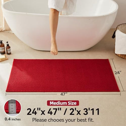 Triohero Bathroom Rugs Non Slip Washable, Super Absorbent Thin Bath Mat Quick Dry Low Pile Bathroom Rug, Red 24"x47"
