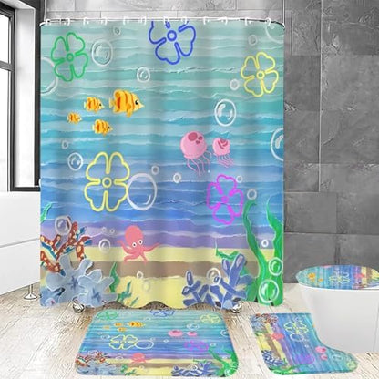 Yddsky 4PCS Kids Ocean Cartoon Shower Curtain Sets for Bathroom,72x72 Inch