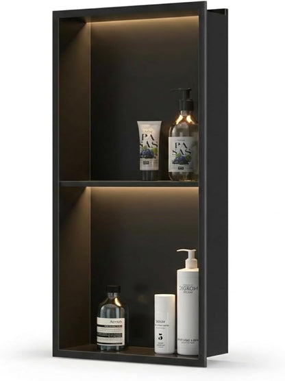304 Stainless Steel LED Recessed Black Shower Niche 12"x24" Double Shelves | Waterproof Rustproof Bathroom Shower Niche Insert No Tile Needed, for Shower & Bathroom Storage