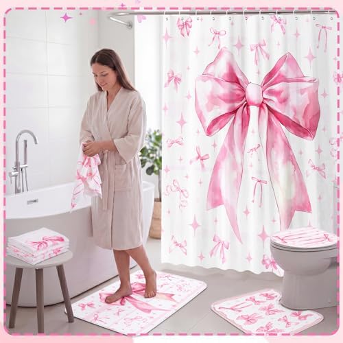 FuWeave 8 Pcs Pink Bow Shower Curtain Sets for Bathroom Decor Cute Coquette Bathroom Accessories Bow Knot Aesthetic Girly Shower Curtain Sets with Towels Carpet Bath Mat Toilet Rugs and 12 Hooks