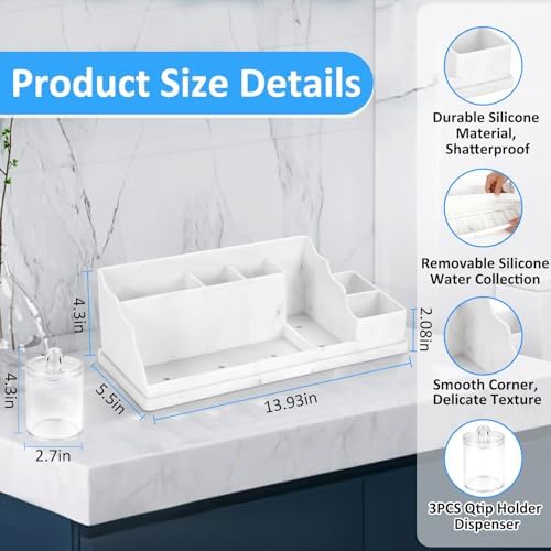 Bathroom Counter Organizer, Large White Silicone Toothbrush Holders for Bathrooms with 3PCS Qtip Holder, Bathroom Organizer Countertop Toothbrush and Toothpaste Holder for Makeup Organizer for Vanity
