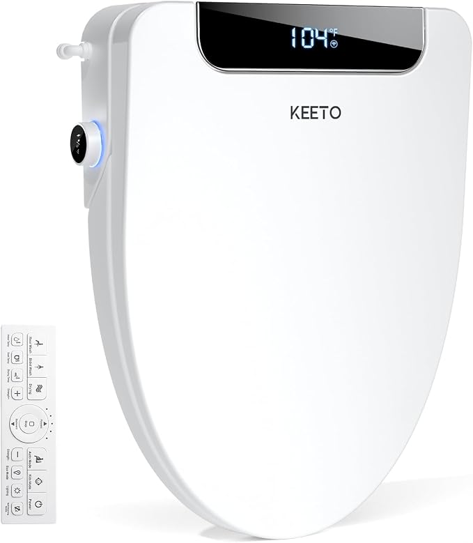 Smart Bidet Toilet Seat Elongated, KEETO Electric Heated Seat with Instant Warm Water, Warm Air Dryer, Front & Rear Wash, Oscillating Nozzle, Wireless Remote, Night Light, Soft Close Lid