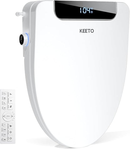 Smart Bidet Toilet Seat Elongated, KEETO Electric Heated Seat with Instant Warm Water, Warm Air Dryer, Front & Rear Wash, Oscillating Nozzle, Wireless Remote, Night Light, Soft Close Lid