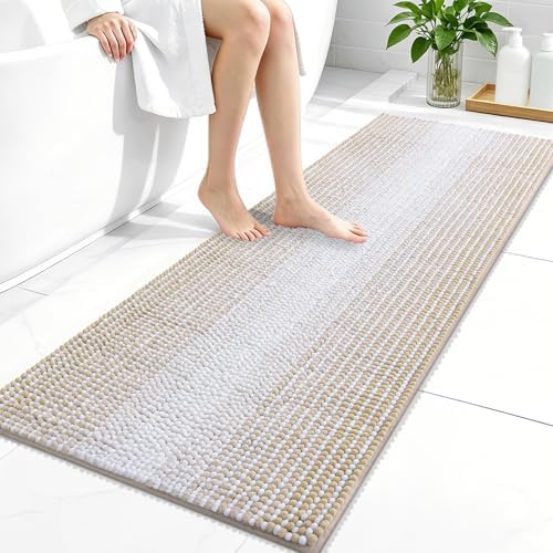 OLANLY Bathroom Runner Rugs 47x20, Soft Chenille Striped Bath Rugs, Beige