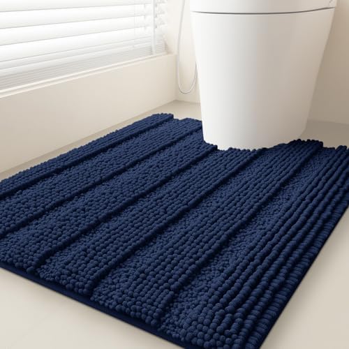 ACCUMTEK Striped Navy Blue Toilet Bathroom Rug Mat 24" x 20" Contour Rug Ultra Soft, Non Slip Chenille Bath Rugs, Absorbent Plush Shaggy Bath Mats for Bathroom, Bedroom, Kitchen, Shower, Tub
