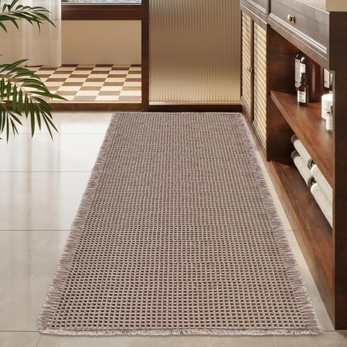 ZALL Tan Waffle Bath Mat,Super Absorbent Non Slip Bathroom Rug,Brown 24x48inch,Machine Washable Ultra Soft Floor Mats