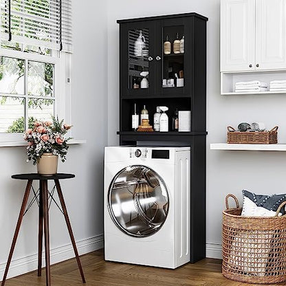 Over The Toilet Storage Cabinet for Bathroom, Storage Organizer Over Toilet with Glass Doors, Space Saver for Living Room, Black