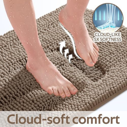 ACCUMTEK Striped Dark Beige Bathroom Rug Mat Set 2 piece 24"x17"+48"x20" Ultra Soft, Non Slip Chenille Bath Rugs, Absorbent Plush Shaggy Bath Mats for Bathroom, Bedroom, Kitchen, Shower, Tub,Taupe