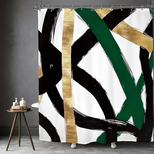 Abstract Emerald Green Black Gold Shower Curtain 60Wx72L Inch Modern Minimalist Contemporary Geometric Bathroom Set Accessories Decor with 12 Pack Hooks